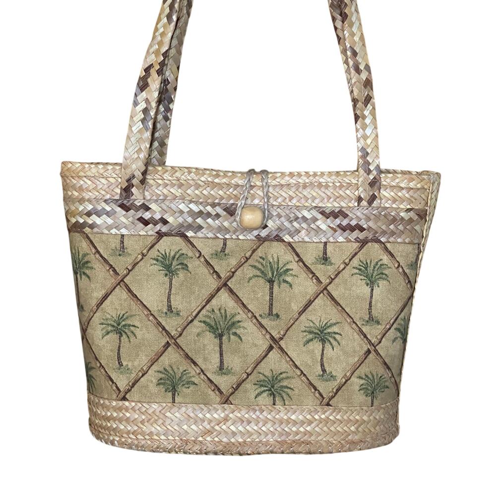 Boho resort vacation palm tree woven basket bag tropical straw top handle purse